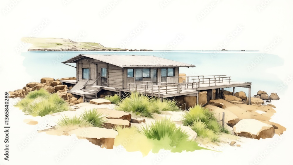 Obraz premium Serene coastal cabin by the sea, perfect for summer retreats, nature escape, vacation, tranquility and relaxation vibes