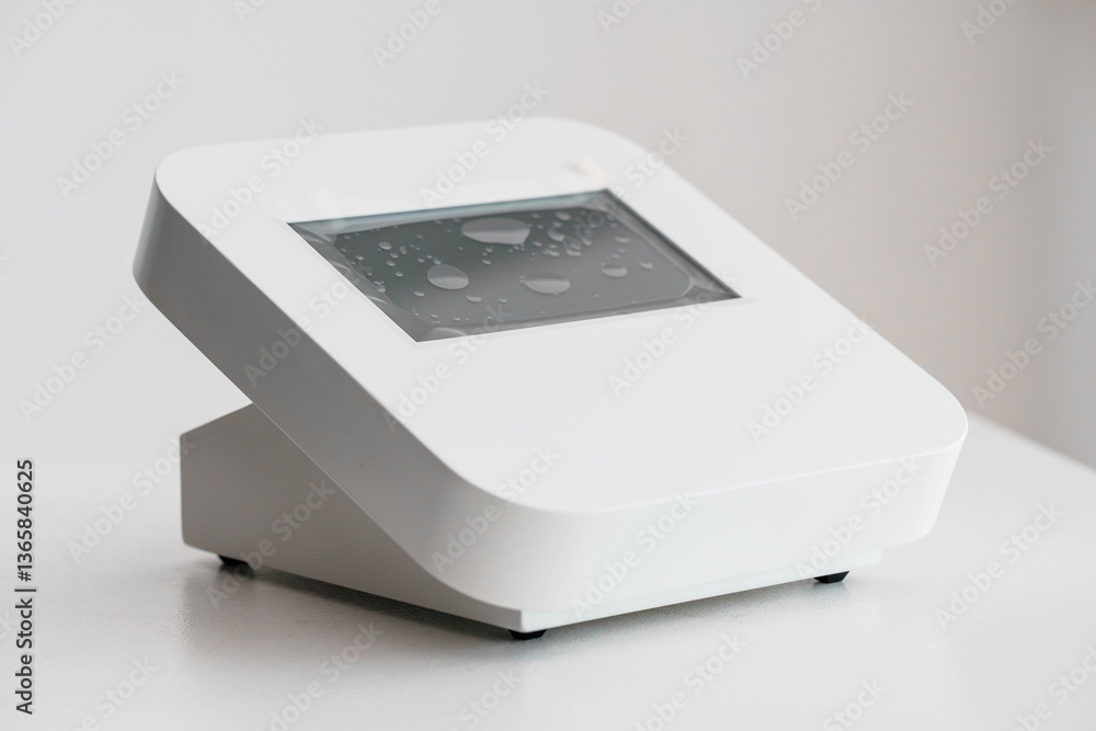 Modern Minimalistic White Digital Device with Water Droplets on Screen Display Modern Minimalistic White Digital Device with Water Droplets on Screen Display