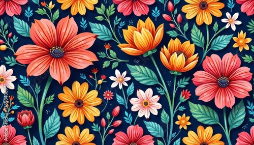 Intricate floral pattern, vibrant blooms, seamless repeat, nature, art, colorful