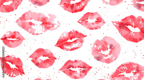 Watercolor seamless pattern lips, A seamless pattern background radiating sweetness and love. Watercolor lips in soft pinks and reds form a dynamic repeating pattern, playfully leaving kiss 