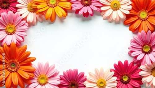 Vibrant gerbera daisies arranged in a flat lay frame White backdrop, ample copy space , floral frame, gerbera frame, photography