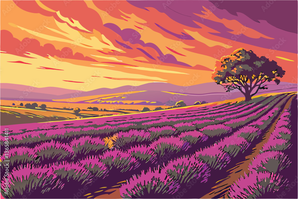 Fototapeta premium 51 Vibrant lavender field at sunset, rows of purple flowers stretching to horizon, dramatic colorful sky, golden hour light, vivid purple and orange hues, expansive rural landscape, ethereal atmospher