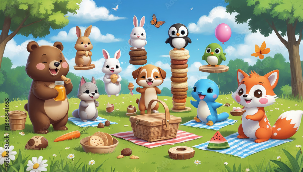 Fototapeta premium cheerful picnic scene featuring adorable cartoon animals enjoying sunny day outdoors. bear, fox, rabbit, and other cute creatures are surrounded by food, trees, and bright blue sky, creating