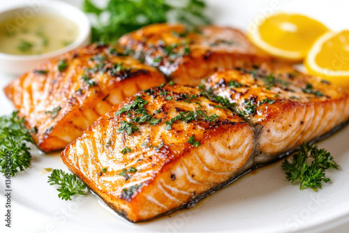 Delicious grilled salmon fillets garnished with fresh herbs and served with lemon slices, creating vibrant and appetizing dish that is perfect for any meal