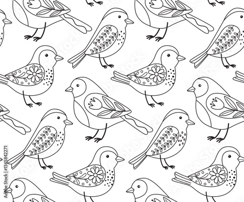 Seamless black and white pattern with decorative birds. Background with cute animals drawn in doodle style	