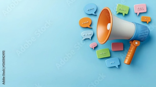 Exploring the Essence of Minimalist Communication Through a Colorful Megaphone and Speech Bubbles in a Unique Graphic Representation