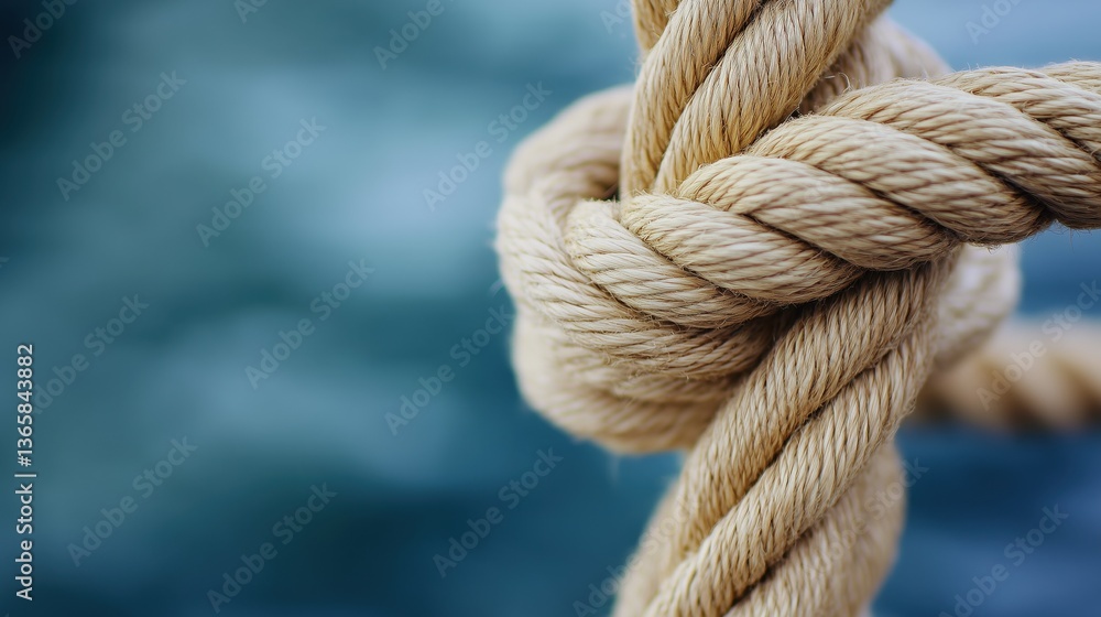 Close-Up of a Strongly Knotted Natural Fiber Rope with Intricate Twists Against a Soft Blue Ocean Background, Evoking a Sense of Adventure and Nautical Charm in a Vividly Textured Style Close-Up of a Strongly Knotted Natural Fiber Rope with Intricate Twists Against a Soft Blue Ocean Background, Evoking a Sense of Adventure and Nautical Charm in a Vividly Textured Style