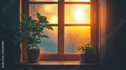 Wallpaper Mural Cozy sunset view through frosted window with houseplants Torontodigital.ca