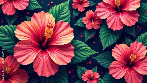 Wallpaper Mural Intricate hibiscus blossoms, vibrant colors, repeating pattern , illustration, textile, art Torontodigital.ca