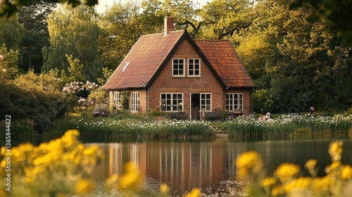 Wallpaper Mural Rustic cottage by pond, peaceful garden setting, people relaxing outdoors Torontodigital.ca