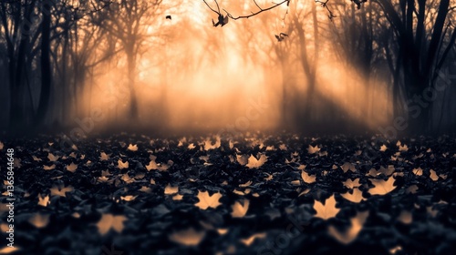 Wallpaper Mural Mystical Autumn Forest  Sunbeams  Fog  Fallen Leaves Torontodigital.ca