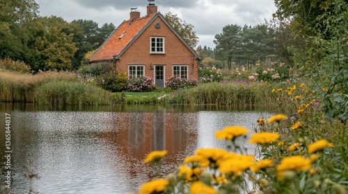 Wallpaper Mural Rustic cottage by pond, autumn colors, flower garden Torontodigital.ca