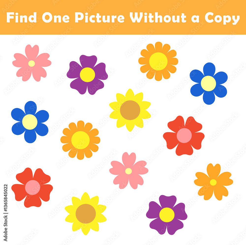 Find One Picture Without a Copy for Preschool Children. Find same picture worksheet for kids. Worksheet for kindergarten-aged children with cute flower illustration. Find One Picture Without a Copy for Preschool Children. Find same picture worksheet for kids. Worksheet for kindergarten-aged children with cute flower illustration.