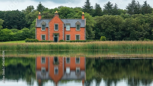 Wallpaper Mural Rustic red house reflects on tranquil lake, lush green forest background Torontodigital.ca