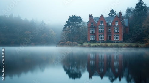 Wallpaper Mural Misty Morning, Lakeside Mansion Reflection, Forest Background Torontodigital.ca