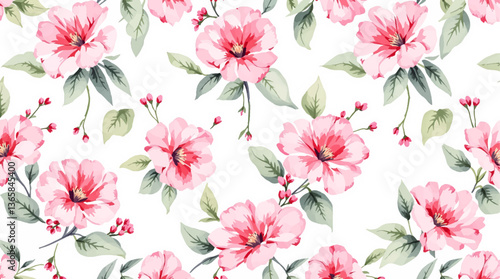 Watercolor floral seamless pattern with hand-painted blush pink flowers and green leaves on white background. Botanical print.
