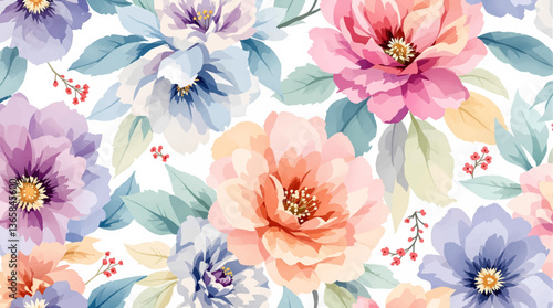 Watercolor floral seamless pattern with hand-painted blush pink flowers and green leaves on white background. Botanical print.