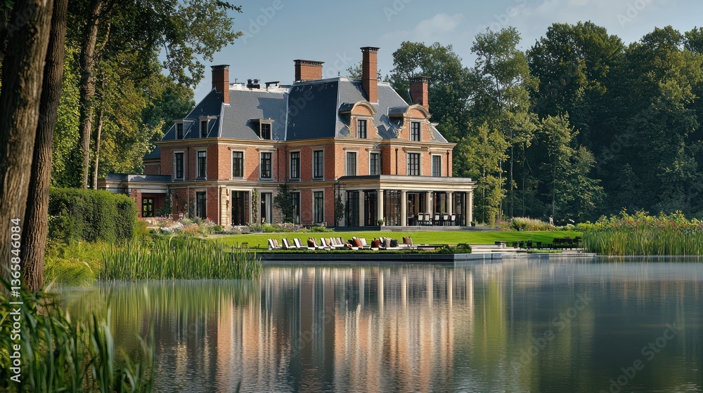 Obraz premium Luxurious Estate by Water, Reflection of a Grand Mansion