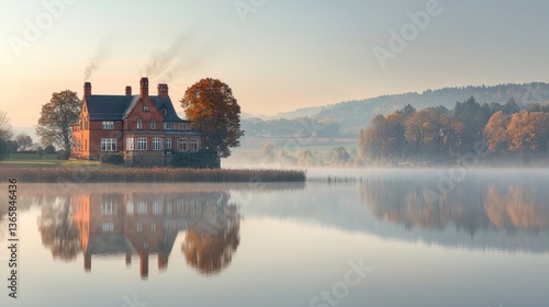 Wallpaper Mural Autumnal manor house reflected on a misty lake at dawn Torontodigital.ca