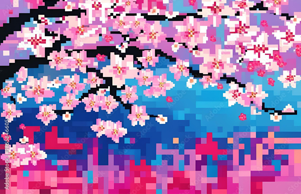 Fototapeta premium Pixelated Cherry Blossom Branch with Gradient Background