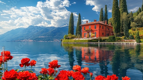Wallpaper Mural Lakeside villa, Italian lake, red roses, reflecting in water,  idyllic scenery Torontodigital.ca