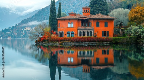 Wallpaper Mural Italian Lakeside Villa Reflection Misty Autumn Torontodigital.ca