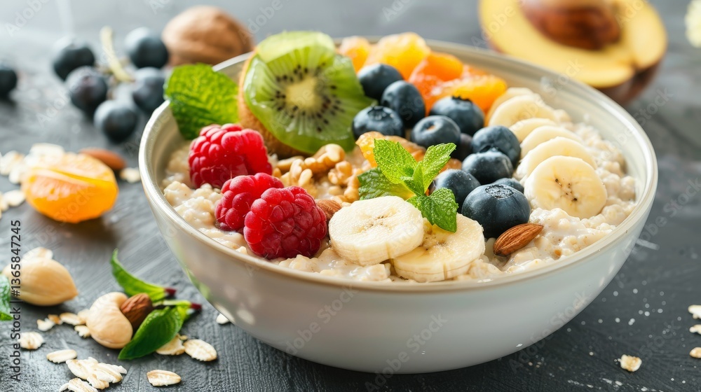 Healthy bowl of oatmeal with fruits and nuts Healthy bowl of oatmeal with fruits and nuts