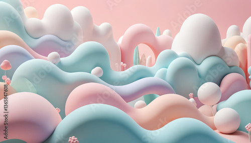 Soft pastel colors blend seamlessly whimsical landscape of undulating shapes and forms, creating dreamy and serene atmosphere. gentle curves and playful elements evoke sense of tranquility