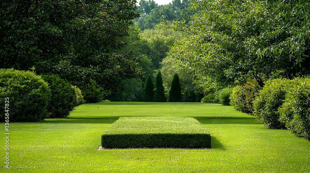 Fototapeta premium Manicured Green Garden with Lawn and Trees under Sunlight