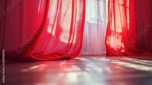 Wallpaper Mural Red sheer curtains, sunlight streams through window, interior room Torontodigital.ca
