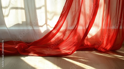 Wallpaper Mural Red sheer curtains billowing in sunlight near window Torontodigital.ca