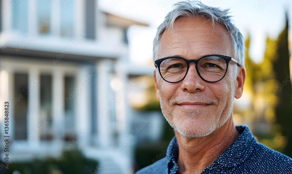 Fototapeta premium Smiling older man with glasses stands outside a modern house in the afternoon sun, exuding confidence and warmth