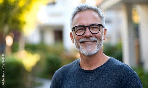 Smiling middle-aged man enjoys sunny day outdoors in a peaceful garden setting