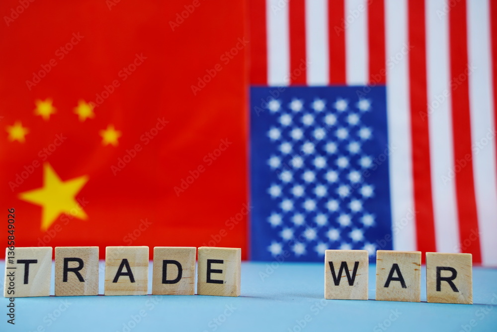 Fototapeta premium The flag of the USA and the flag of China. The inscription on their background: trade war.