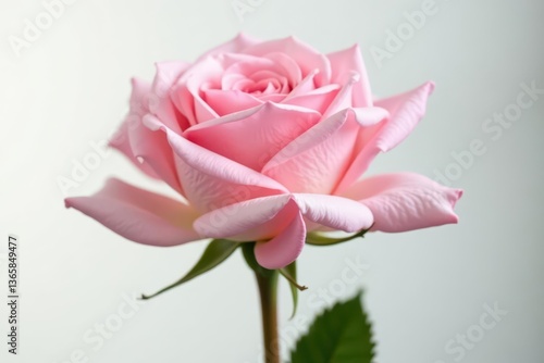 Single pink rose against pure white, studio lighting , high-resolution, bloom, background