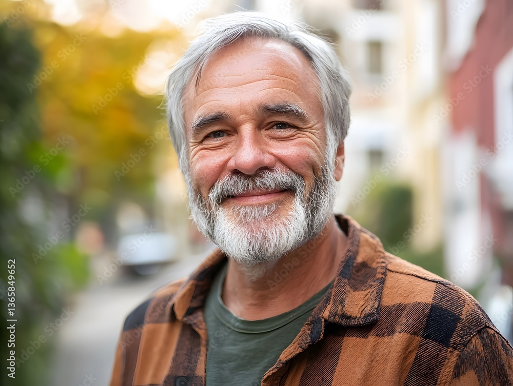 Senior man with gray beard smiles in urban neighborhood during autumn afternoon Senior man with gray beard smiles in urban neighborhood during autumn afternoon