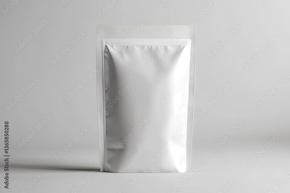 Front View StandUp Pouch Mockup, Resealable Zip Closure, Metallic Silver on Gray Background Front View StandUp Pouch Mockup, Resealable Zip Closure, Metallic Silver on Gray Background