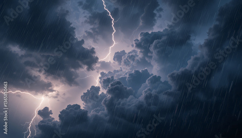 Fototapeta Naklejka Na Ścianę i Meble -  Dramatic storm clouds filled with lightning illuminate sky, creating powerful and intense atmosphere. heavy rain adds to sense of urgency and nature raw energy