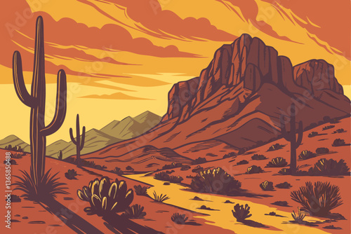 53 Desert landscape, Saguaro cacti, Sonoran desert, Sunset sky, Golden hour, Rugged mountains, Arid vegetation, Prickly pear cactus, Dry sandy soil, Dramatic lighting, Vibrant colors, Wide-angle view,