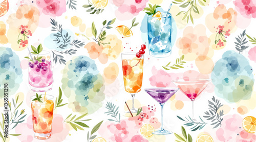 Vibrant watercolor illustration of various tropical cocktails with umbrellas and fresh fruit