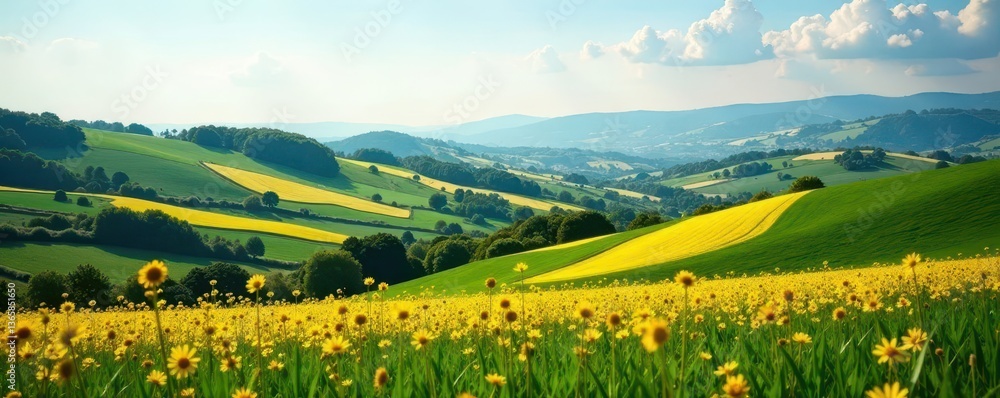Fototapeta premium Rolling hills, patchwork of crops, idyllic scenery, stock, growth, drone