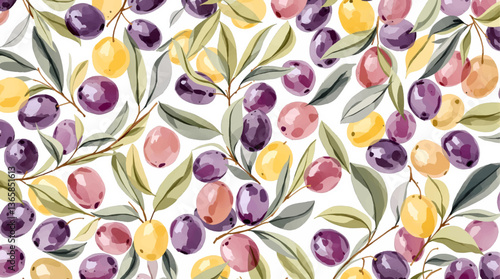 Elegant horizontal olive branch watercolor seamless border pattern featuring black olives, hand drawn in a beautiful botanical illustration style for design