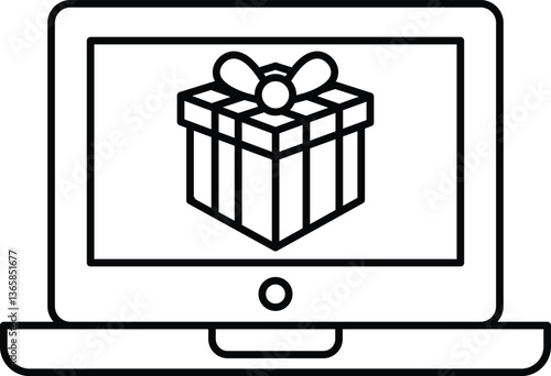 A laptop screen shows a gift box with a bow on top