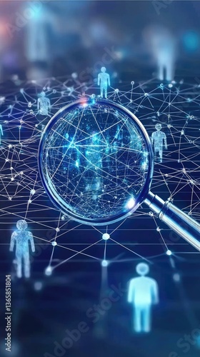 Data analytics, magnifying glass focusing on virtual humans. Grid background. For tech/HR/recruit