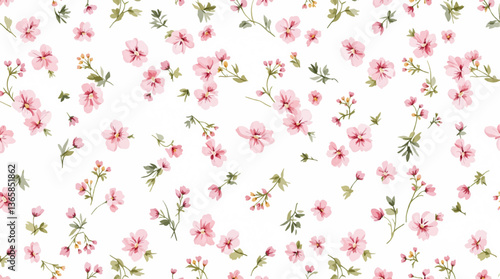 Watercolor floral seamless pattern with hand-painted blush pink flowers and green leaves on white background. Botanical print.