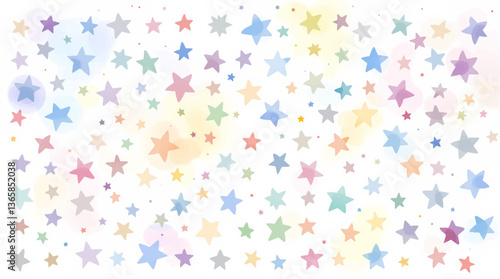 Smiling stars in various colors depicted in soft watercolor illustration set. Objects in vibrant pastel tones isolated on transparent background