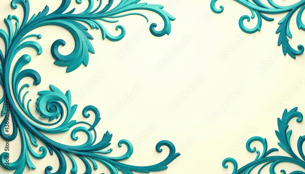Fototapeta premium Intricate teal paisley swirls on cream background, teal, illustration