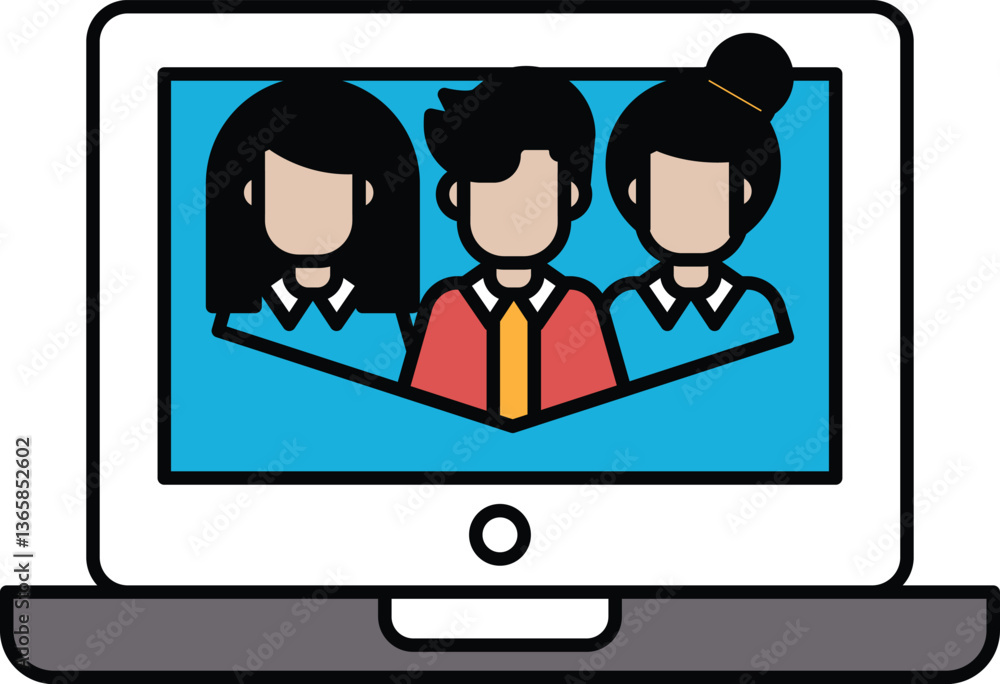 A laptop screen shows three people in a group photo A laptop screen shows three people in a group photo