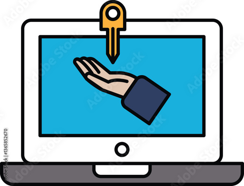 A laptop screen with a key on it and a hand on the screen