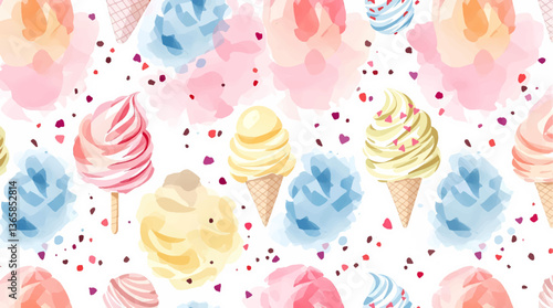 Watercolor pattern ice cream white background vector	